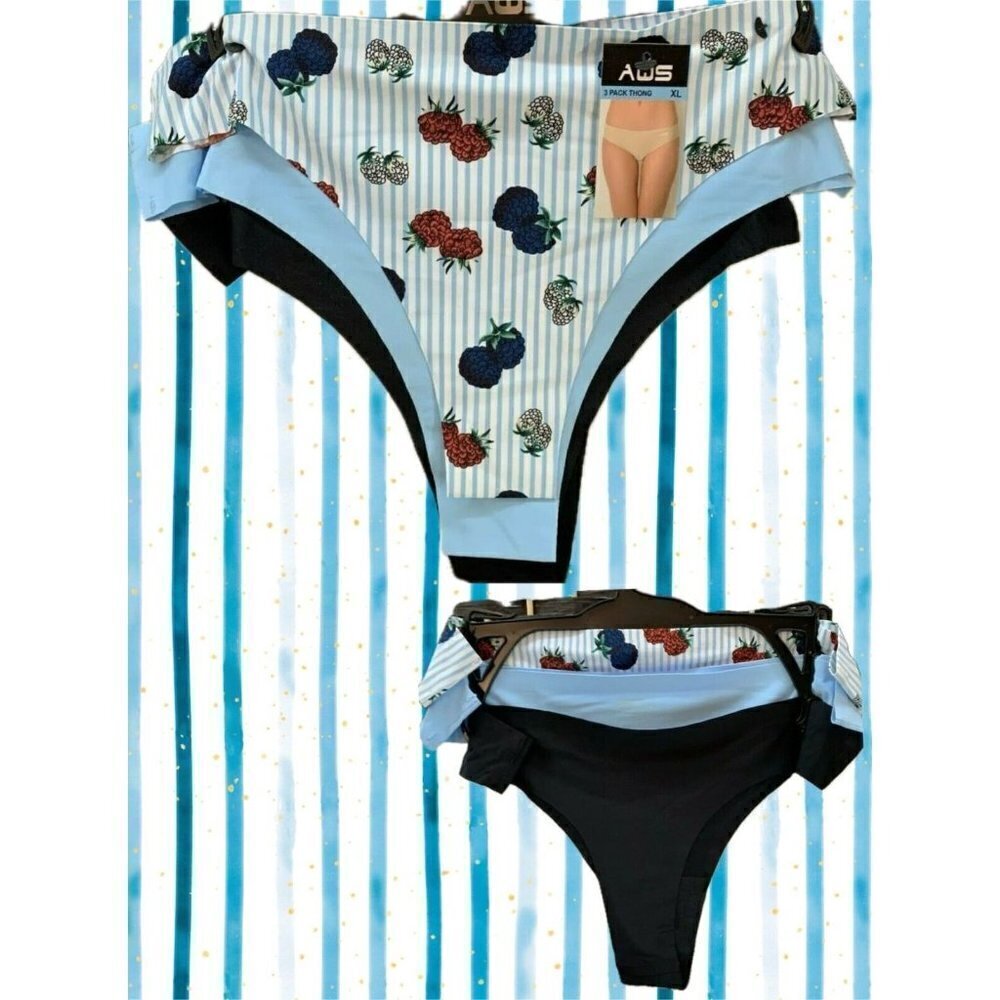 AQS XL Striped Berry Black -Baby Blue Seamless Lined Gusset Thong Panties-3 Pk